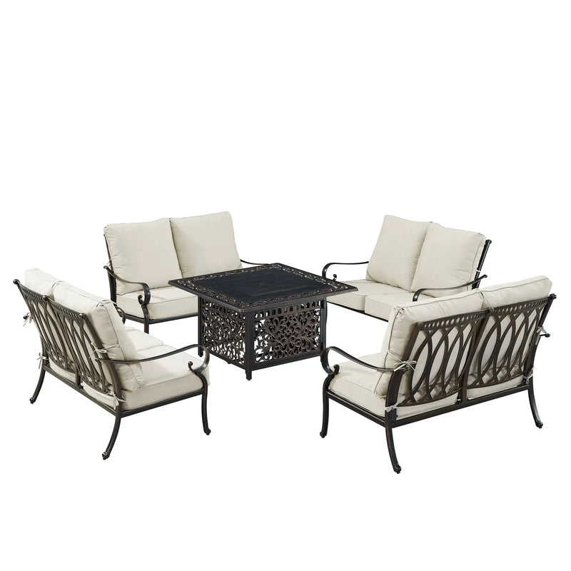 Black Aluminum Fire Table Set with Four Deep Seating Loveseats by Sharicks