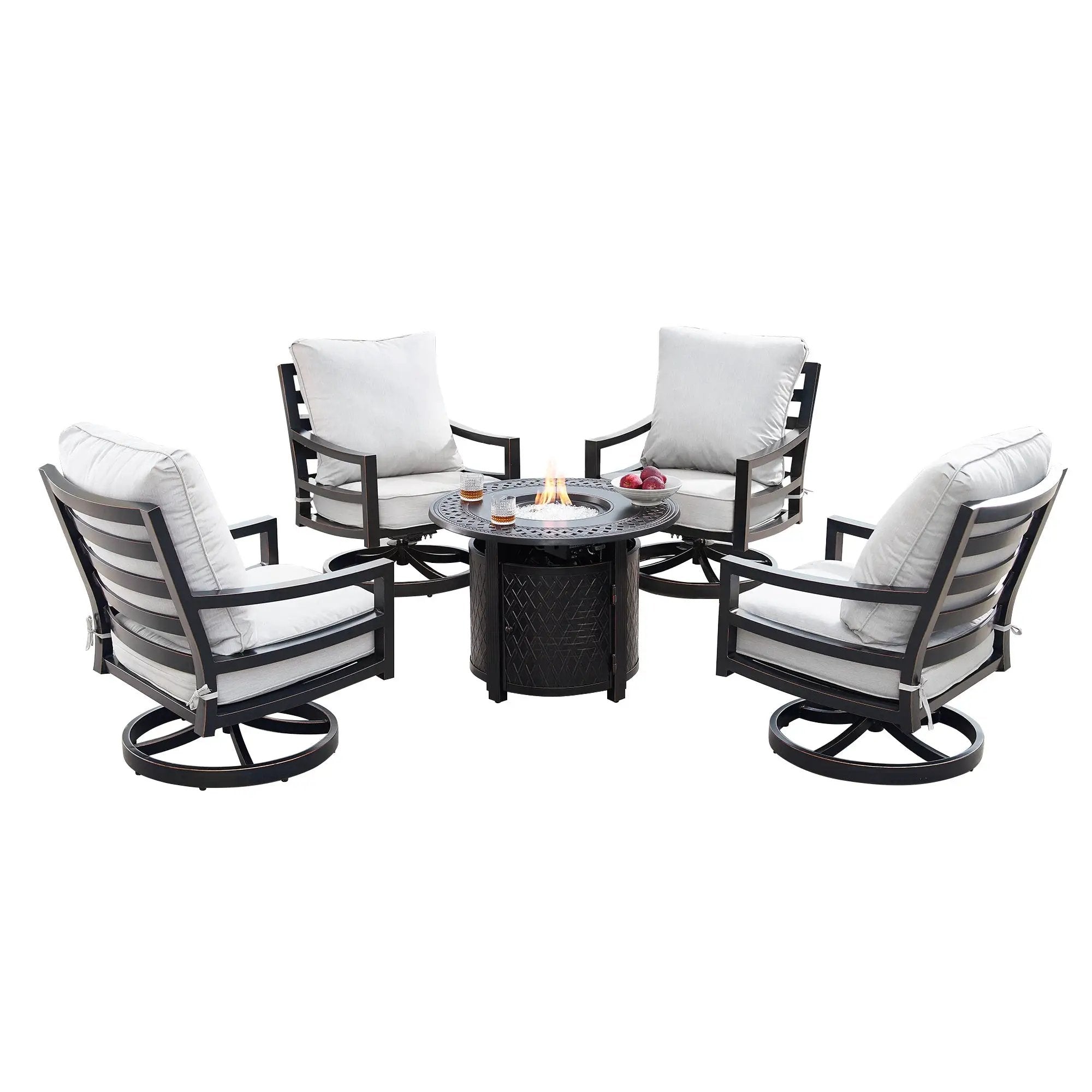 Aluminum 34-in Round Patio Fire Table Set with Swivel Rocking Chairs by Sharicks