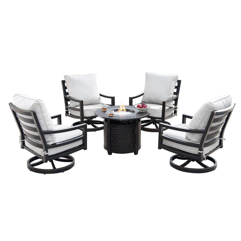 Aluminum 34-in Round Patio Fire Table Set with Swivel Rocking Chairs by Sharicks