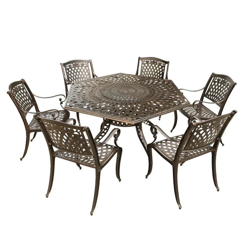 Aluminum 7pc Hexagon Rose Patio Dining Set, Lazy Susan, Six Chairs by Sharicks
