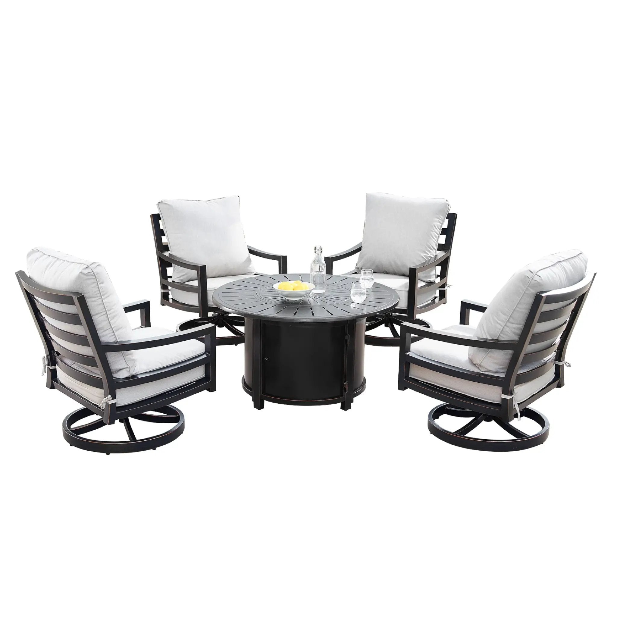 Aluminum 44-in Round Patio Fire Table Set with Swivel Rocking Chairs by Sharicks