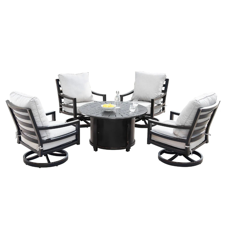 Aluminum 44-in Round Patio Fire Table Set with Swivel Rocking Chairs by Sharicks