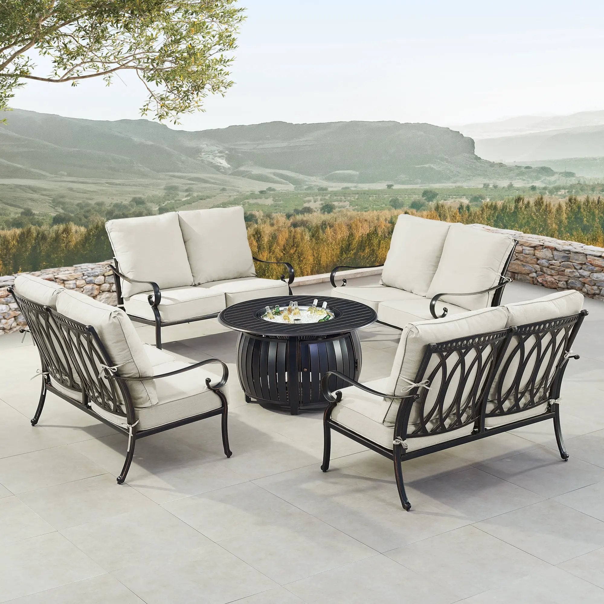 Black Aluminum Fire Table Set with Four Deep Seating Loveseats by Sharicks