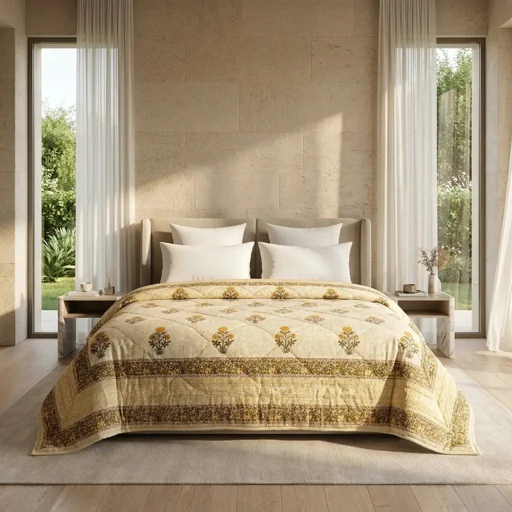 House of Avana Light Grey & Charcoal Floral Jaipur Indian Hand Block Print Quilted Comforter by House Of Avana