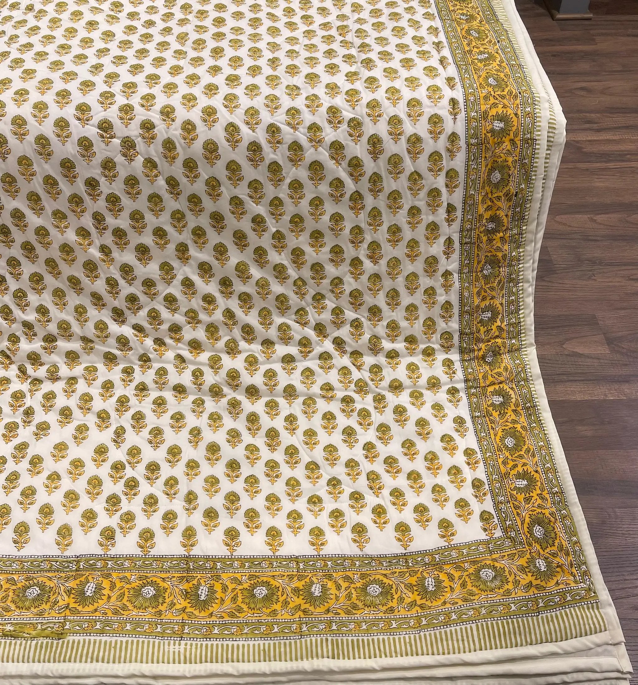 House of Avana Cream & Mustard Yellow Floral Jaipur Indian Hand Block Print Quilted Comforter by House Of Avana