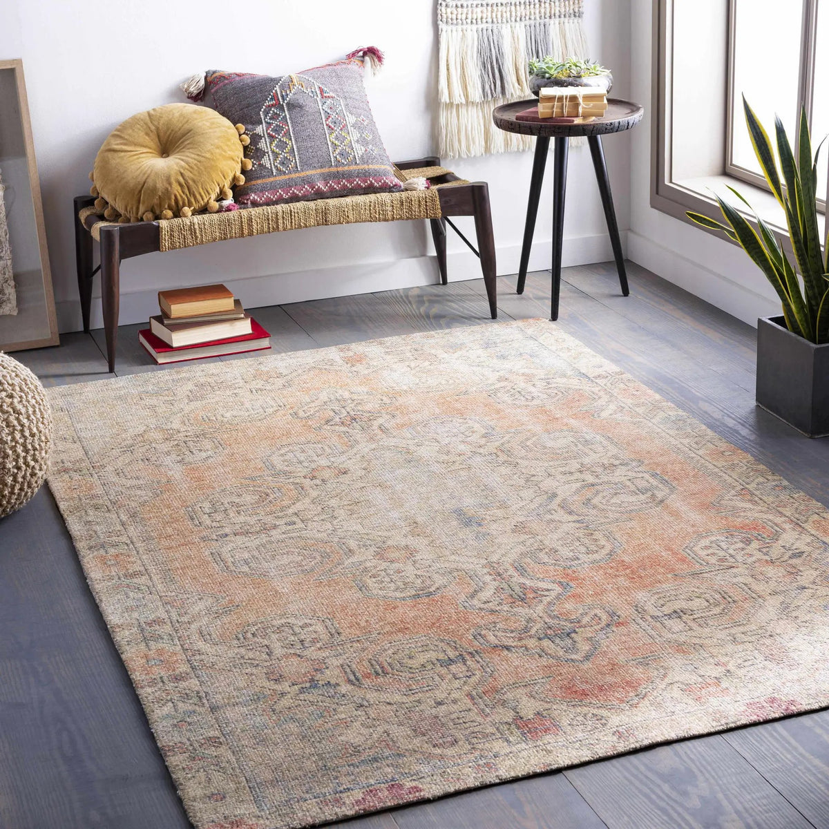 Yetminster Traditional Distressed Peach Rug - Clearance, installed in a room