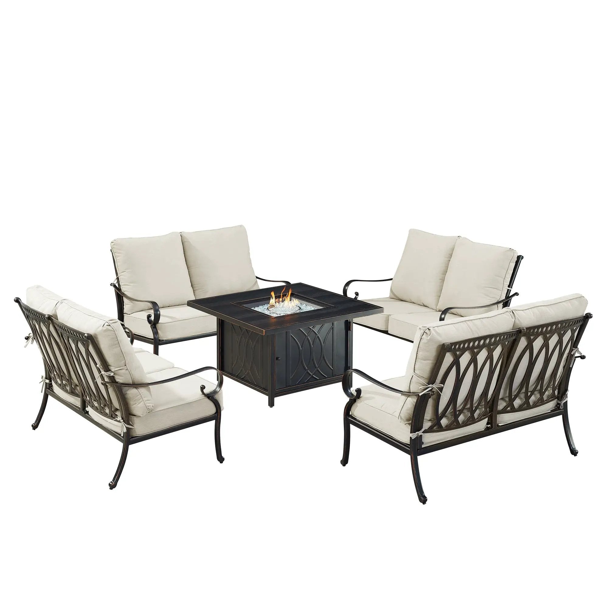 Black Aluminum Fire Table Set with Four Deep Seating Loveseats by Sharicks