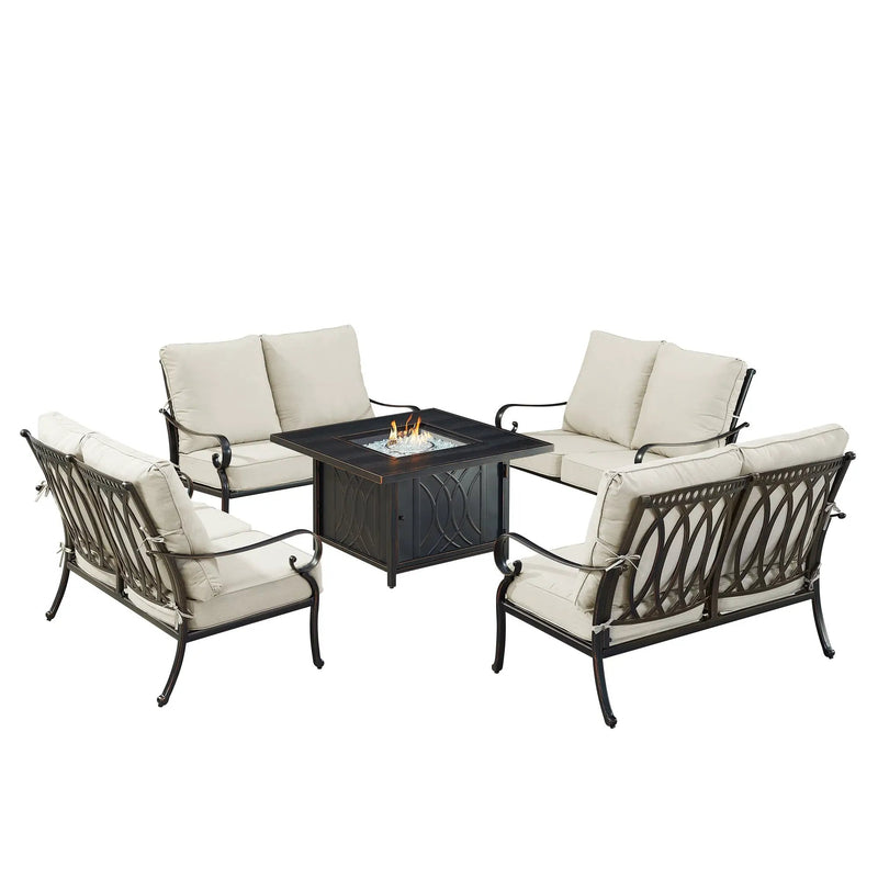 Black Aluminum Fire Table Set with Four Deep Seating Loveseats by Sharicks