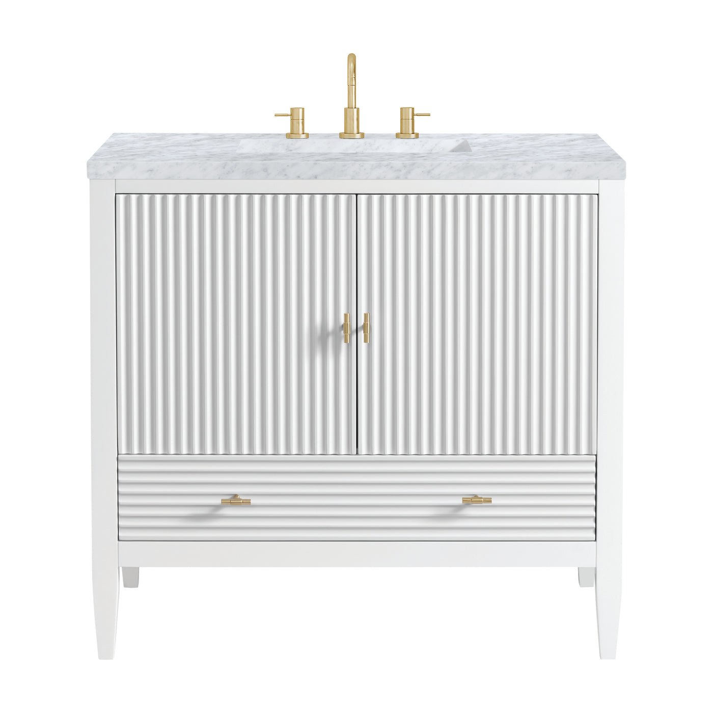 James Martin Myrrin 36" Single Bathroom Vanity, Bright White with Carrara White countertop