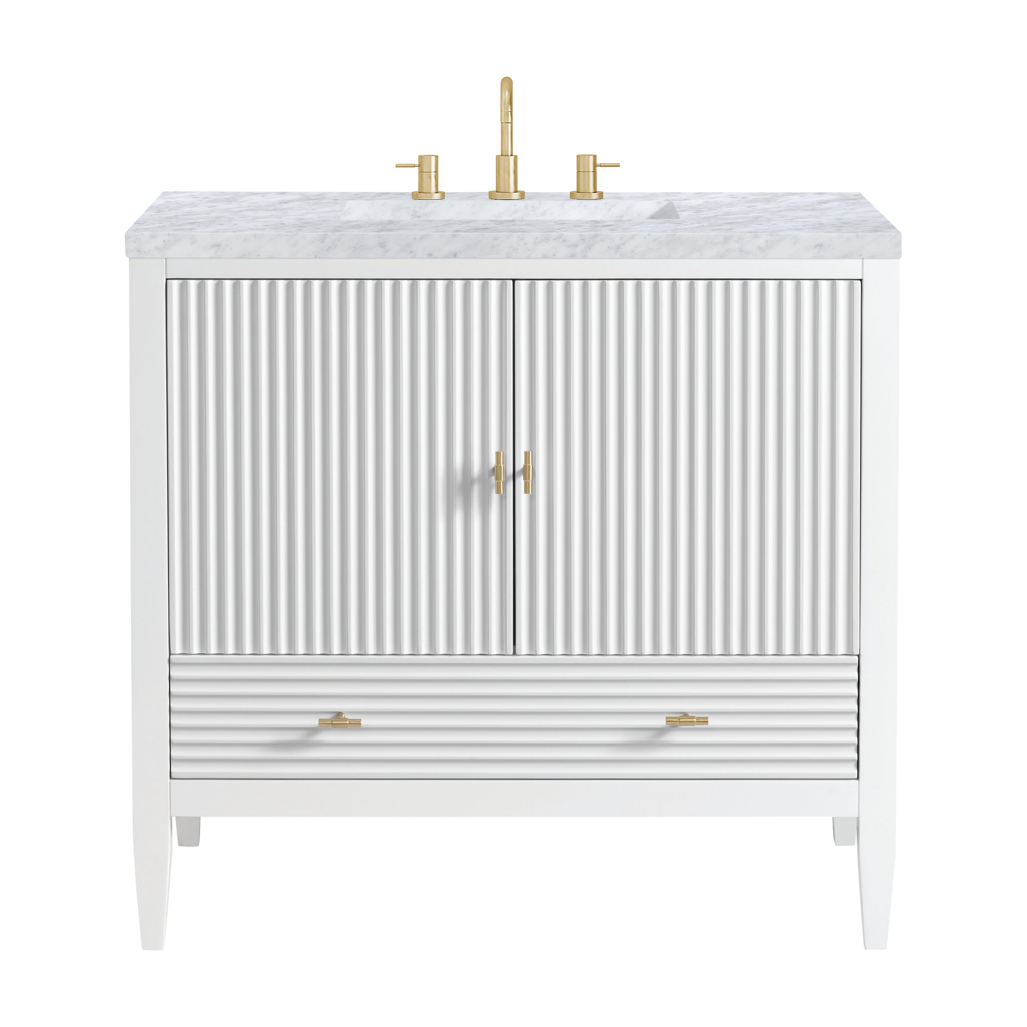 James Martin Myrrin 36" Single Bathroom Vanity, Bright White with Carrara White countertop