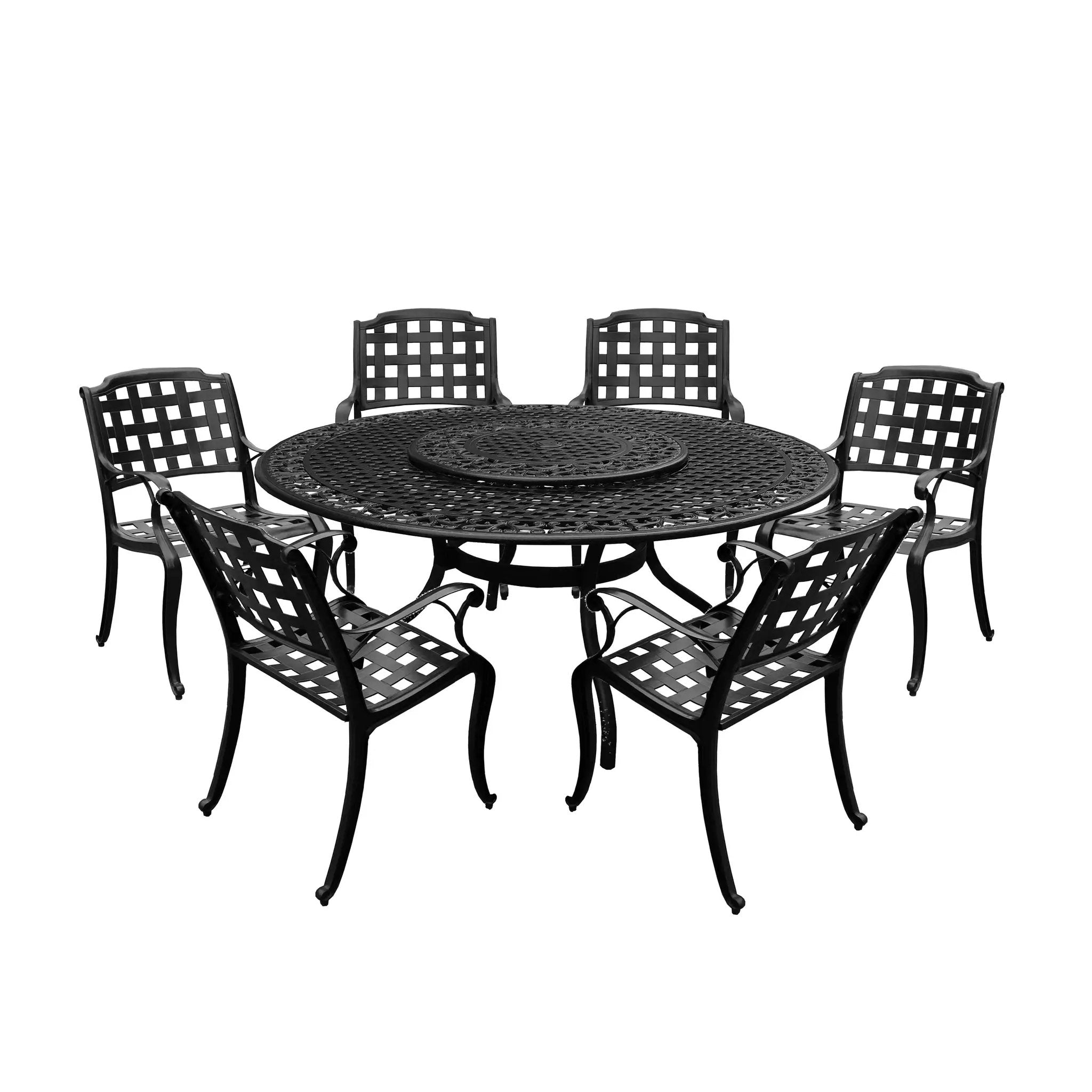 Aluminum 7pc Black Round Patio Dining Set, Lazy Susan, Six Chairs by Sharicks