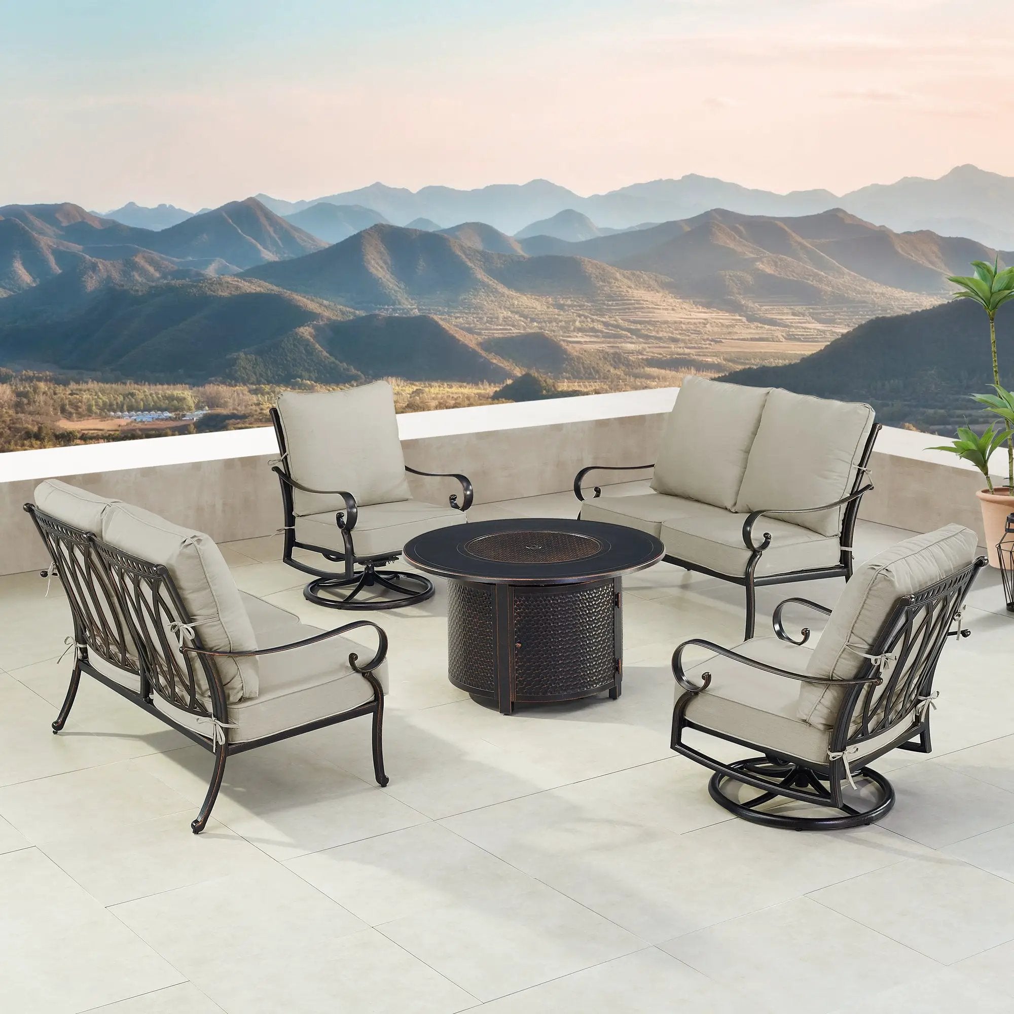 Black Aluminum Fire Table Set with Two Loveseats and Two Club Chairs by Sharicks