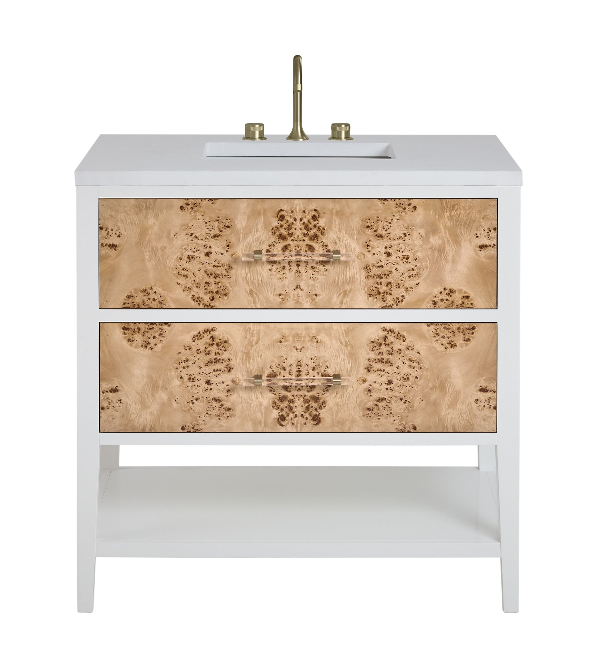 James Martin Olena 36" Single Bathroom Vanity, Polished White and Light Mappa Burl with White Zeus countertop