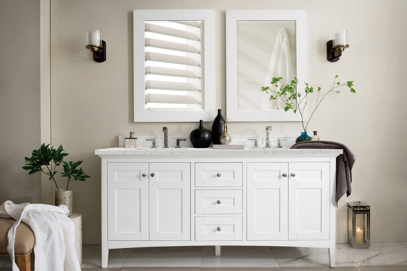 James Martin Palisades 72" Double Bathroom Vanity, Bright White with Eternal Jasmine Pearl countertop