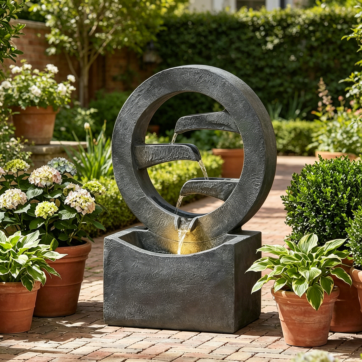 Resin Zen Ring Outdoor Water Fountain with Warm LED, photo 2 of 6