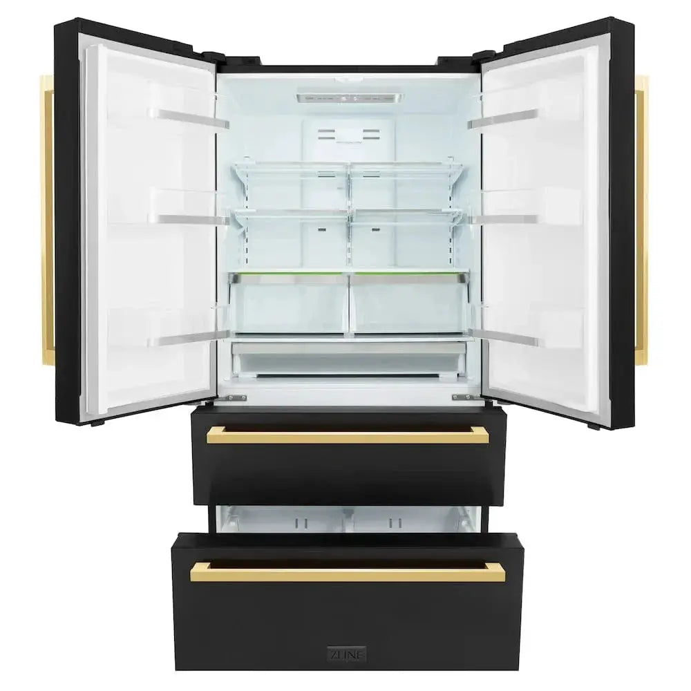 ZLINE Autograph Edition 36" 4-Door French Door Refrigerator, Ice Maker, Black Stainless Steel, Polished Gold Square Handles RFMZ-36-BS-FG by Farmhouse Kitchen and Bath