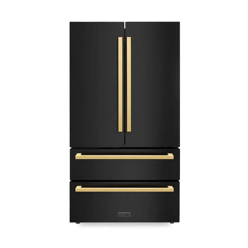 ZLINE Autograph Edition 36" 4-Door French Door Refrigerator, Ice Maker, Black Stainless Steel, Polished Gold Square Handles RFMZ-36-BS-FG by Farmhouse Kitchen and Bath