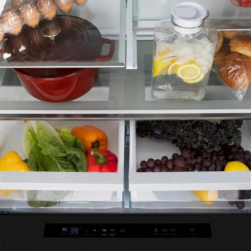 ZLINE Autograph Edition 36" 4-Door French Door Refrigerator, Water, Ice Dispenser, Black Stainless Steel, Polished Gold Square Handles RFMZ-W-36-BS-FG by Farmhouse Kitchen and Bath