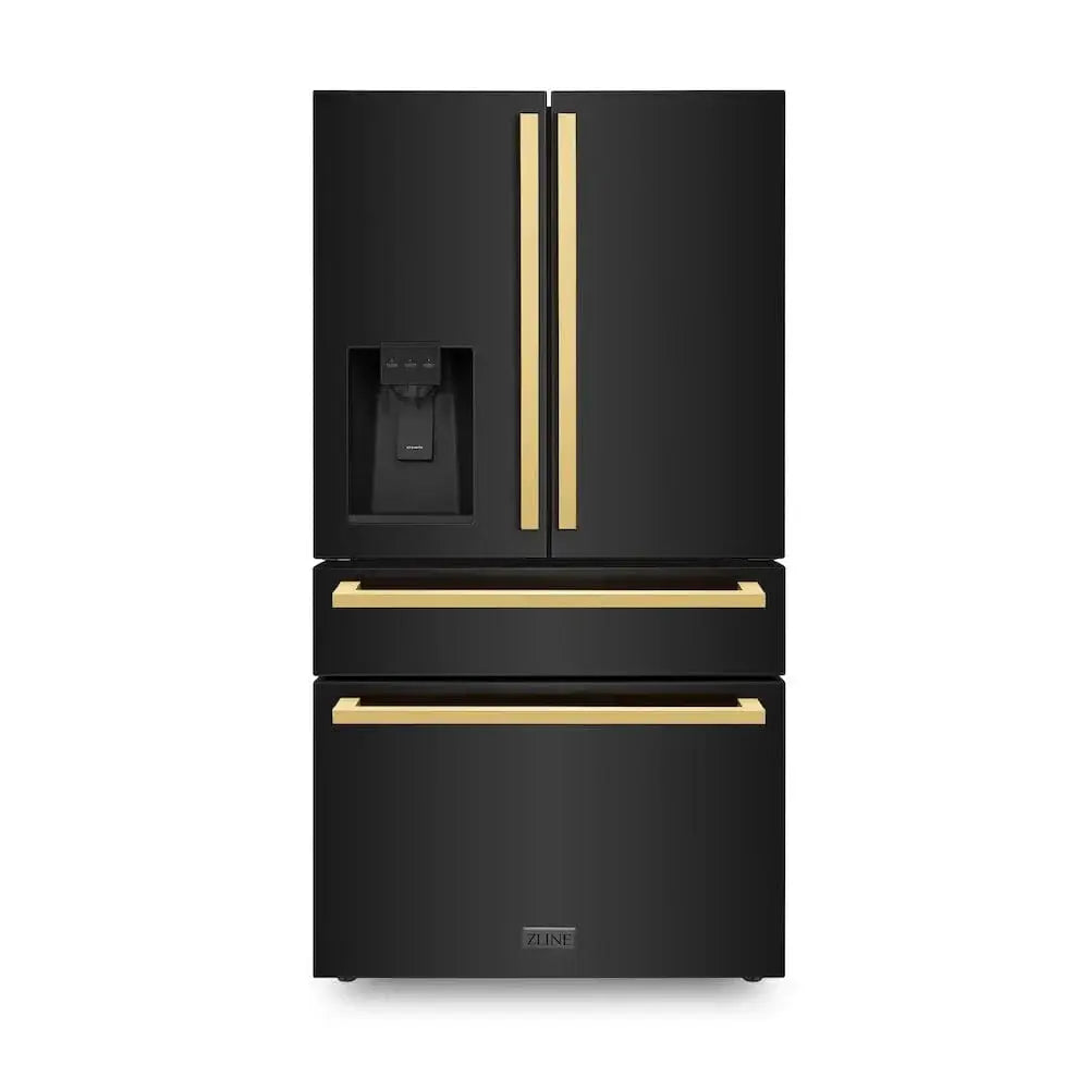ZLINE Autograph Edition 36" 4-Door French Door Refrigerator, Water, Ice Dispenser, Black Stainless Steel, Polished Gold Square Handles RFMZ-W-36-BS-FG by Farmhouse Kitchen and Bath