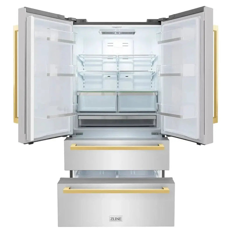 ZLINE Autograph Edition 36" 4-Door French Door Refrigerator, Ice Maker, Stainless Steel, Polished Gold Square Handles RFMZ-36-FG by Farmhouse Kitchen and Bath