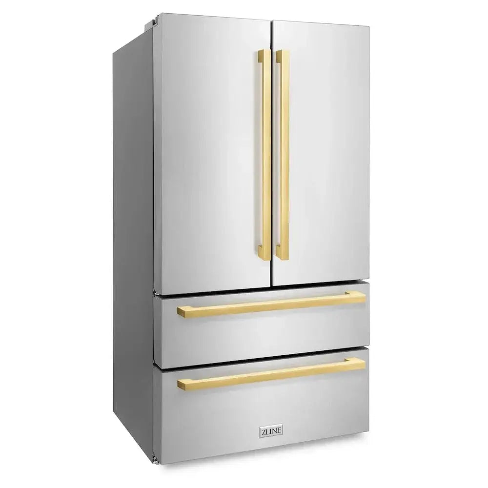 ZLINE Autograph Edition 36" 4-Door French Door Refrigerator, Ice Maker, Stainless Steel, Polished Gold Square Handles RFMZ-36-FG by Farmhouse Kitchen and Bath