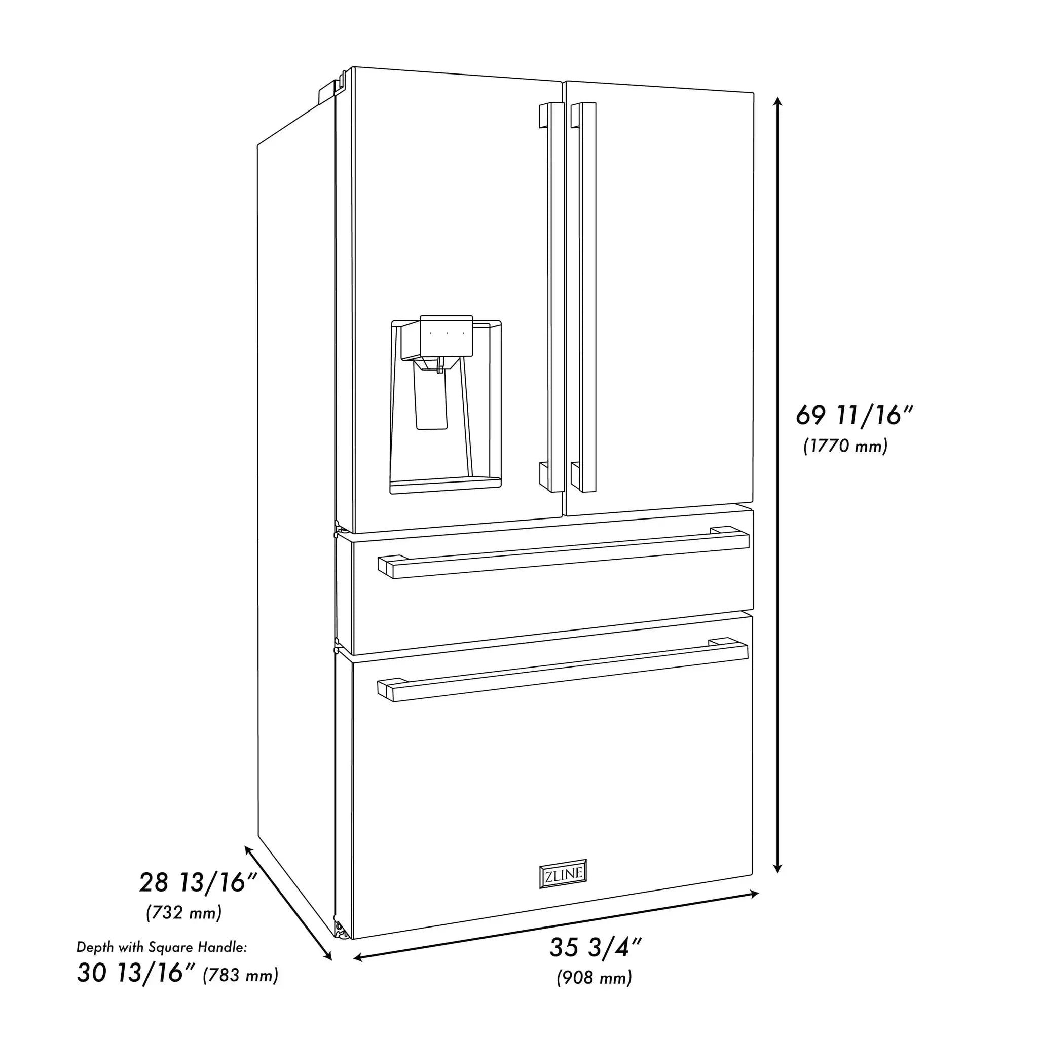ZLINE Autograph Edition 36" 4-Door French Door Refrigerator, Water, Ice Dispenser, Stainless Steel, Polished Gold Square Handles RFMZ-W-36-FG by Farmhouse Kitchen and Bath