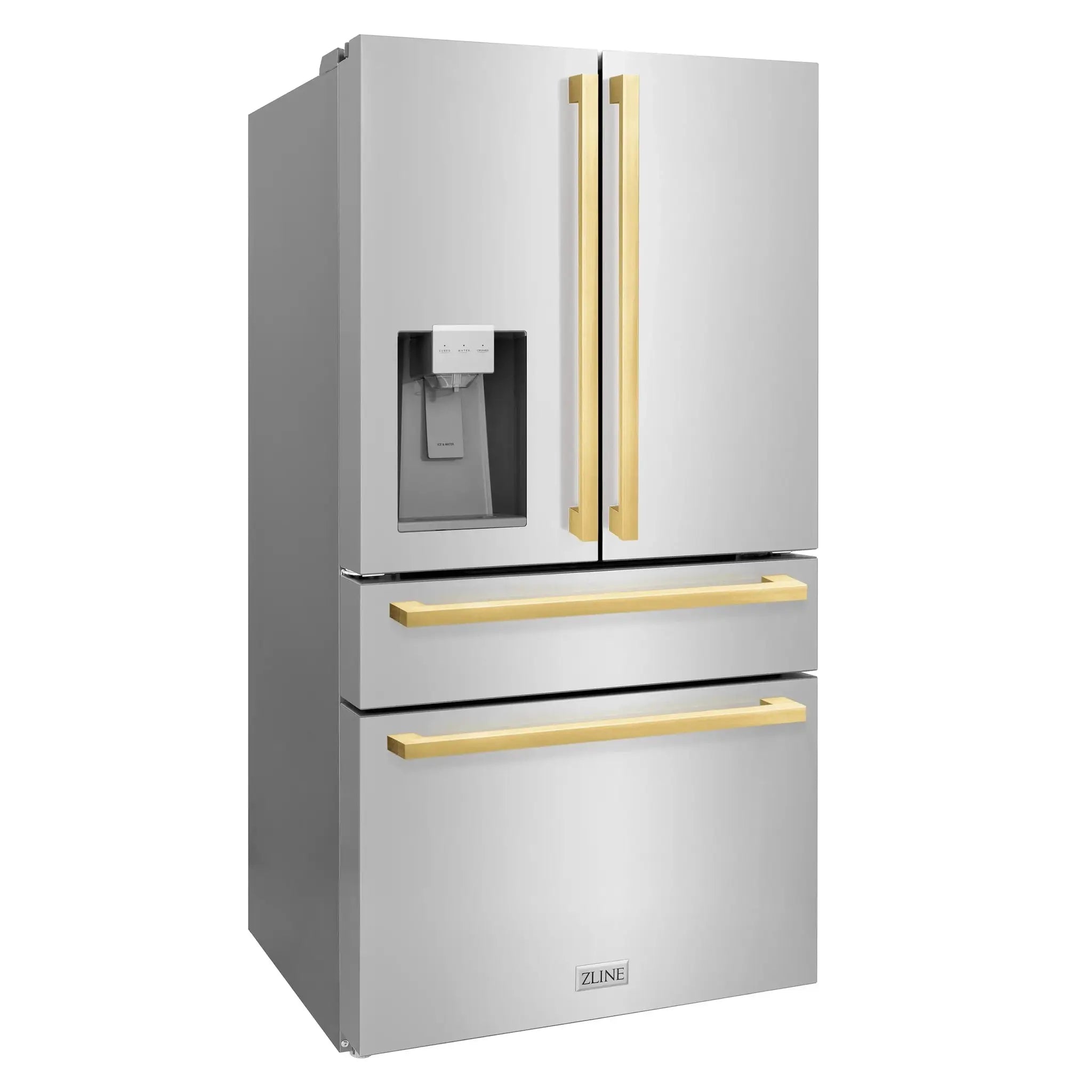 ZLINE Autograph Edition 36" 4-Door French Door Refrigerator, Water, Ice Dispenser, Stainless Steel, Polished Gold Square Handles RFMZ-W-36-FG by Farmhouse Kitchen and Bath