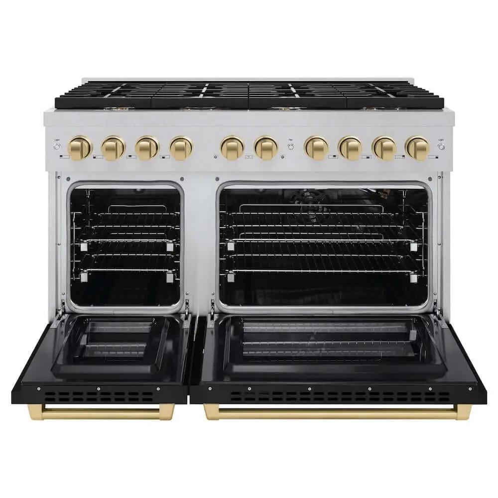ZLINE 48"Gas Range, Convection Gas Oven, DuraSnow® Black Matte, Champagne Bronze SGRSZ-BLM-48-CB by Farmhouse Kitchen and Bath