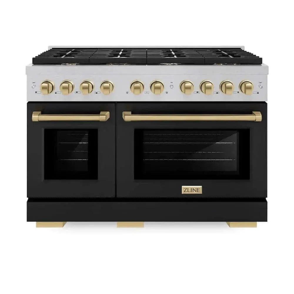 ZLINE 48"Gas Range, Convection Gas Oven, DuraSnow® Black Matte, Champagne Bronze SGRSZ-BLM-48-CB by Farmhouse Kitchen and Bath