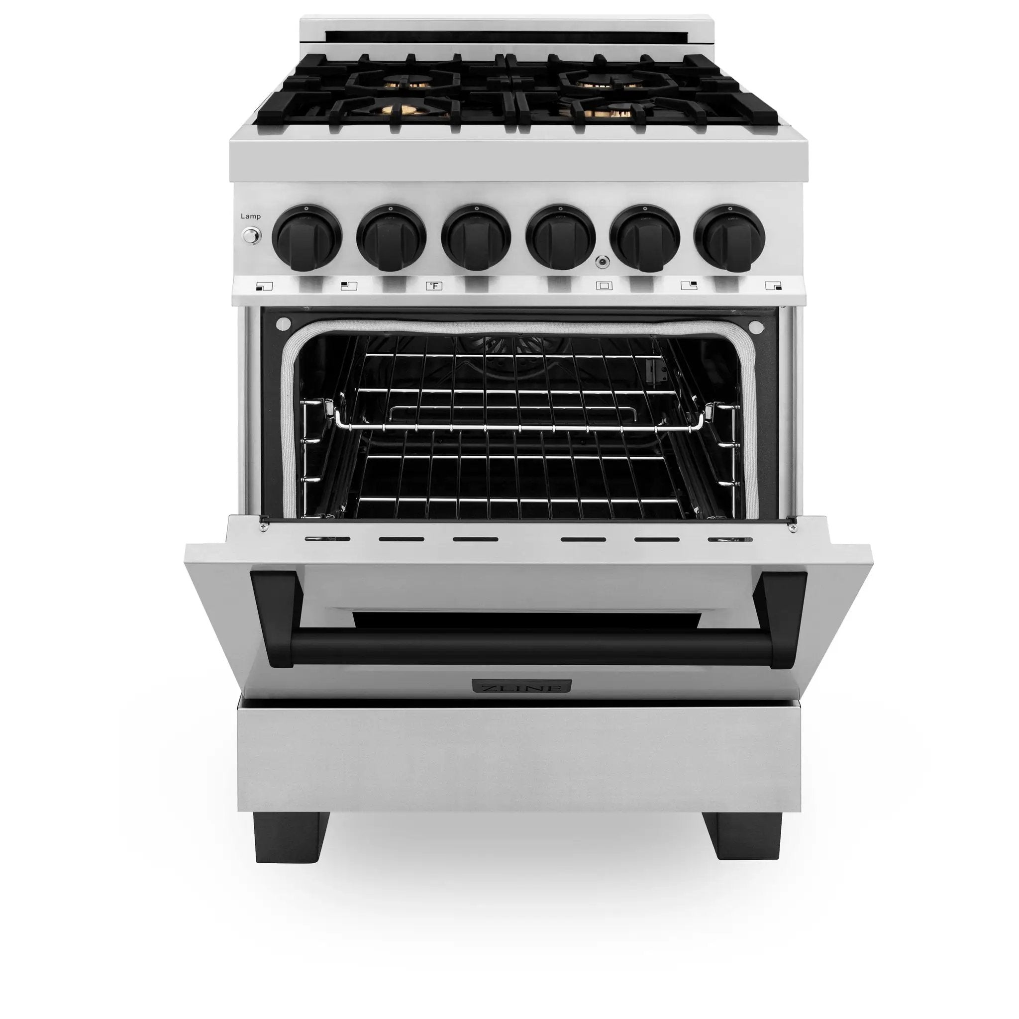 ZLINE 24" Autograph Dual Fuel Range, Stainless, Black accents, RAZ-24-MB by Farmhouse Kitchen and Bath