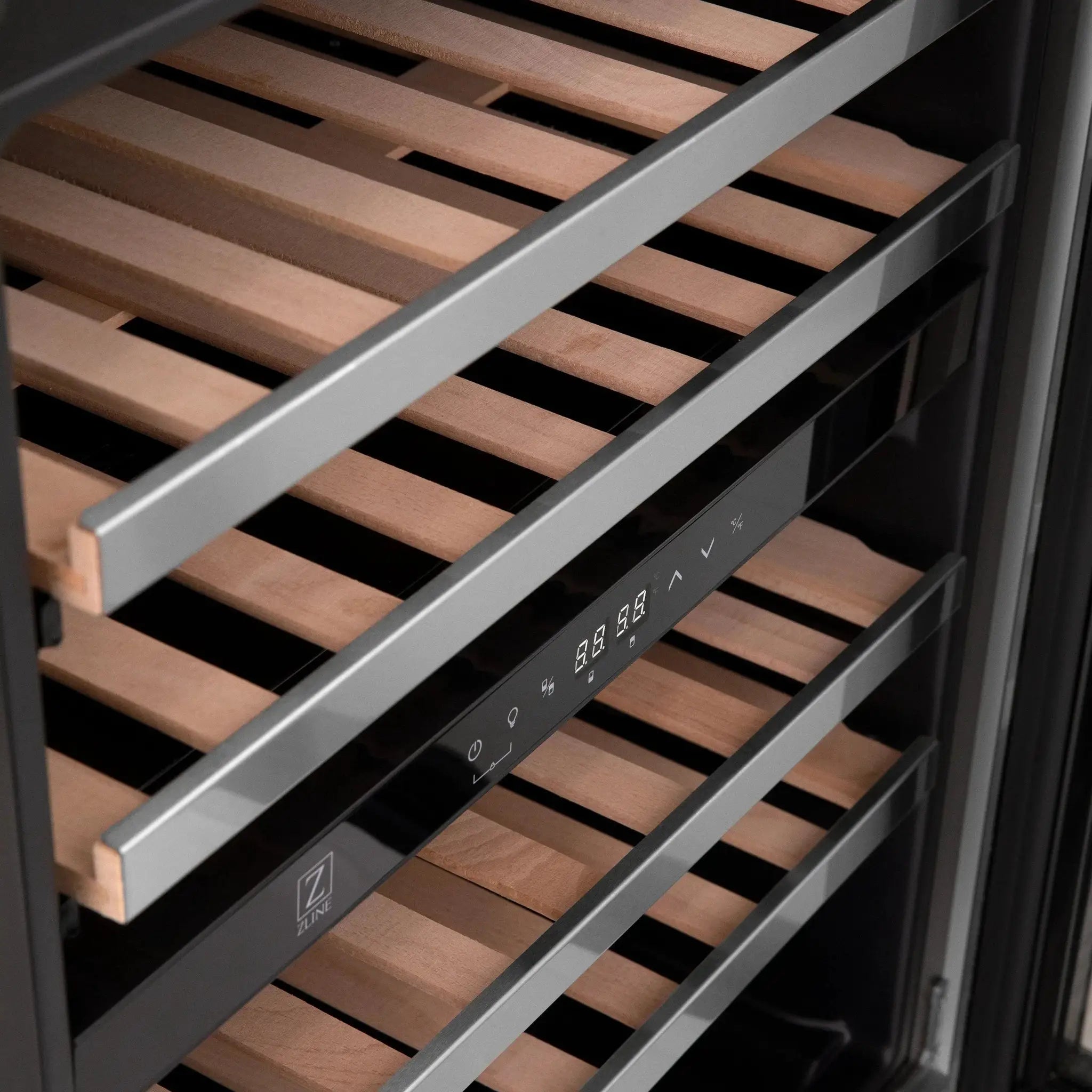 ZLINE 24" Autograph Edition Dual Zone 44-Bottle Wine Cooler in Stainless Steel with Wood Shelf and Champagne Bronze Accents RWV-UD-24-CB by Farmhouse Kitchen and Bath