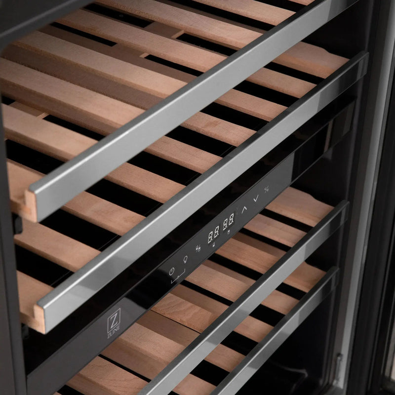 ZLINE 24" Autograph Edition Dual Zone 44-Bottle Wine Cooler in Stainless Steel with Wood Shelf and Champagne Bronze Accents RWV-UD-24-CB by Farmhouse Kitchen and Bath