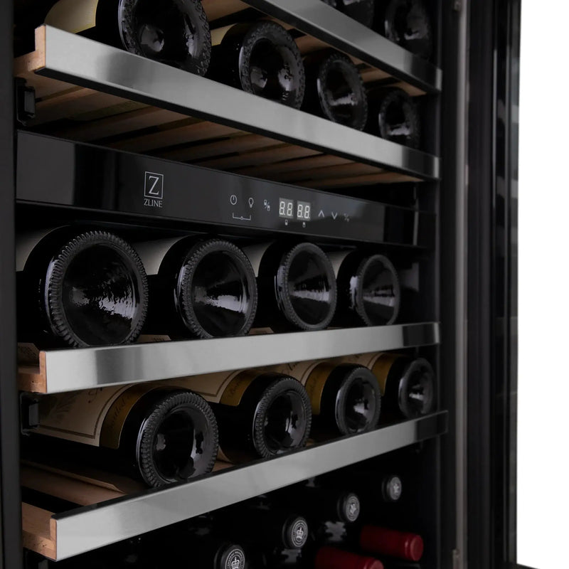 ZLINE 24" Autograph Edition Dual Zone 44-Bottle Wine Cooler in Stainless Steel with Wood Shelf and Champagne Bronze Accents RWV-UD-24-CB by Farmhouse Kitchen and Bath