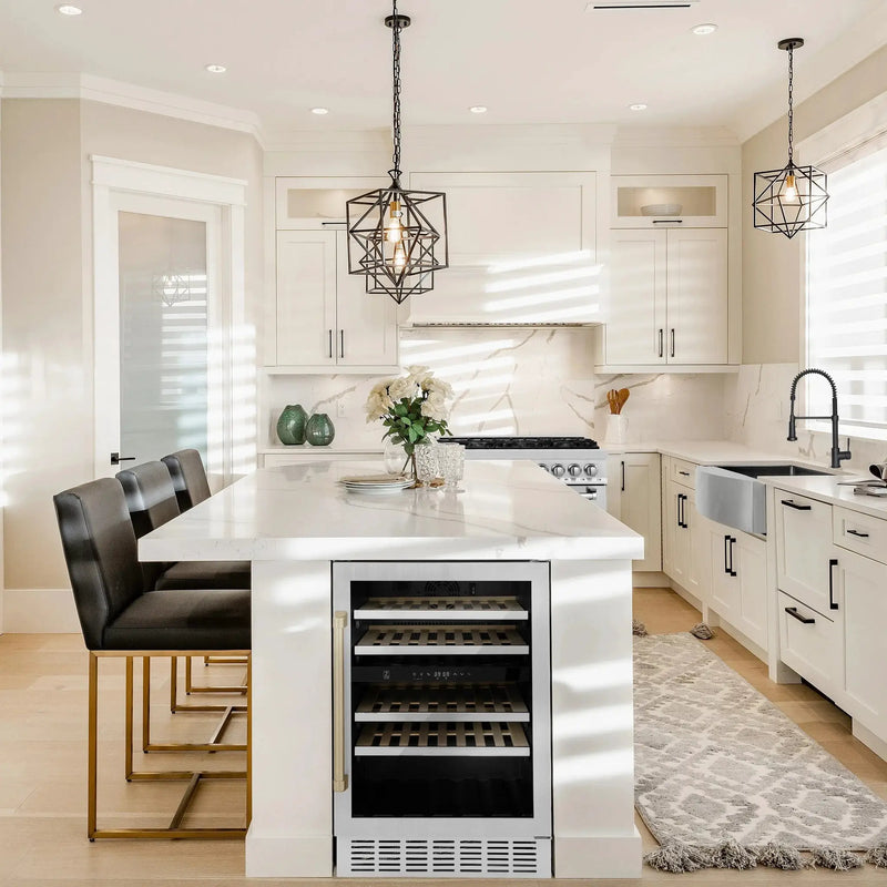 ZLINE 24" Autograph Edition Dual Zone 44-Bottle Wine Cooler in Stainless Steel with Wood Shelf and Champagne Bronze Accents RWV-UD-24-CB by Farmhouse Kitchen and Bath