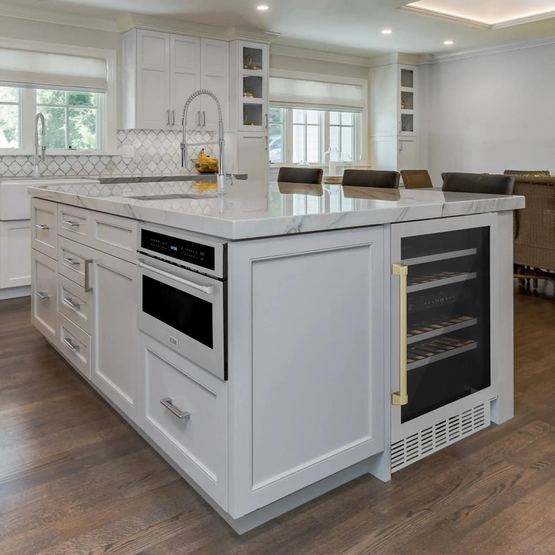 ZLINE 24" Autograph Edition Dual Zone 44-Bottle Wine Cooler in Stainless Steel with Wood Shelf and Champagne Bronze Accents RWV-UD-24-CB by Farmhouse Kitchen and Bath