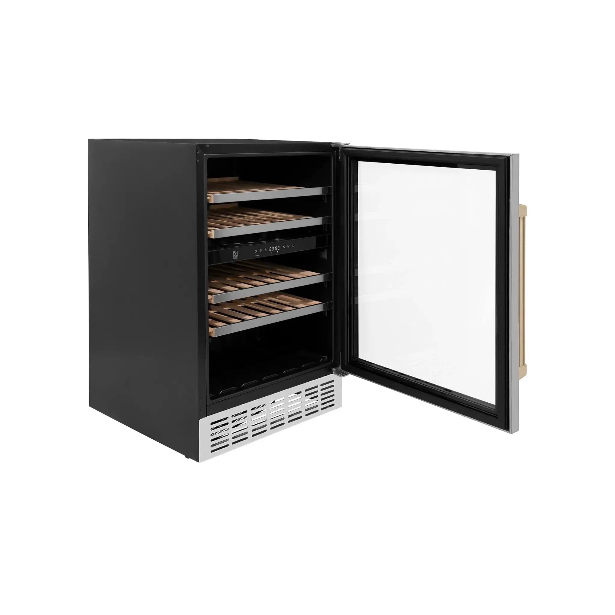 ZLINE 24" Autograph Edition Dual Zone 44-Bottle Wine Cooler in Stainless Steel with Wood Shelf and Champagne Bronze Accents RWV-UD-24-CB by Farmhouse Kitchen and Bath