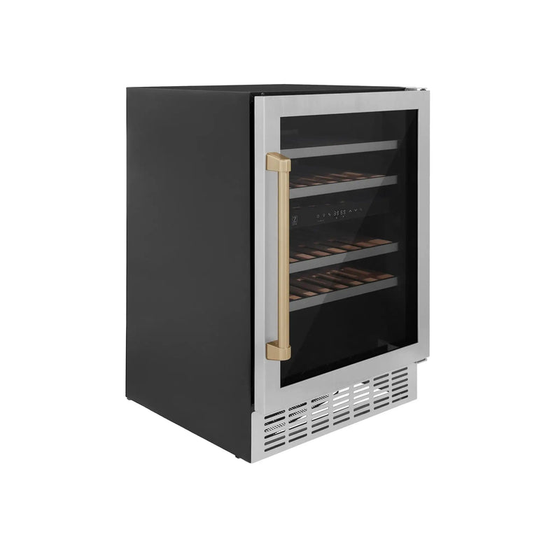 ZLINE 24" Autograph Edition Dual Zone 44-Bottle Wine Cooler in Stainless Steel with Wood Shelf and Champagne Bronze Accents RWV-UD-24-CB by Farmhouse Kitchen and Bath