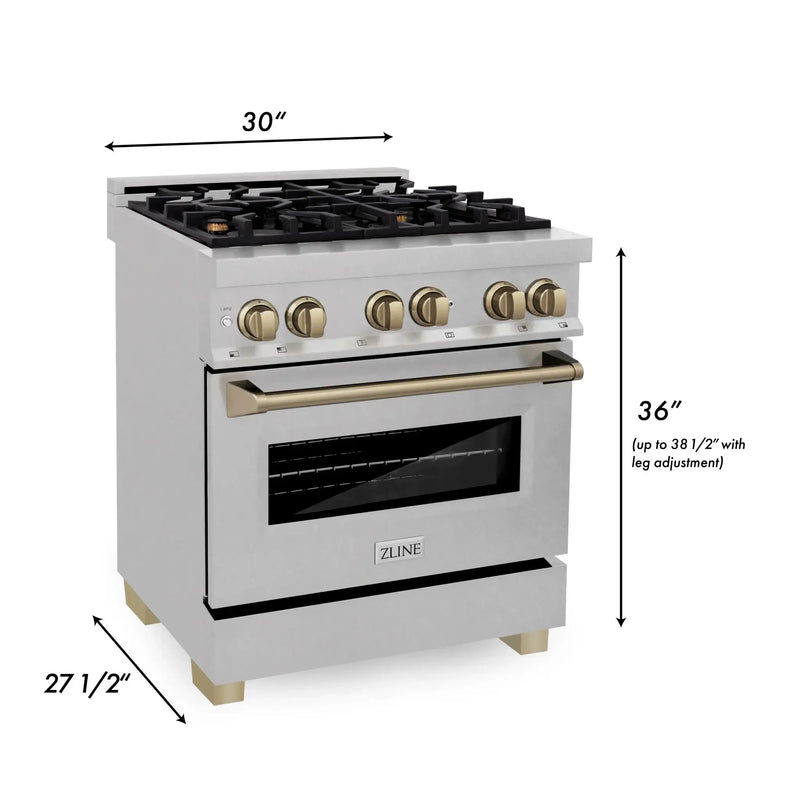 ZLINE Autograph 30" 4.0 cu. ft. Dual Fuel Range , Gas Stove Electric Oven Stainless Steel Champagne Bronze Accents RASZ-SN-30-CB by Farmhouse Kitchen and Bath