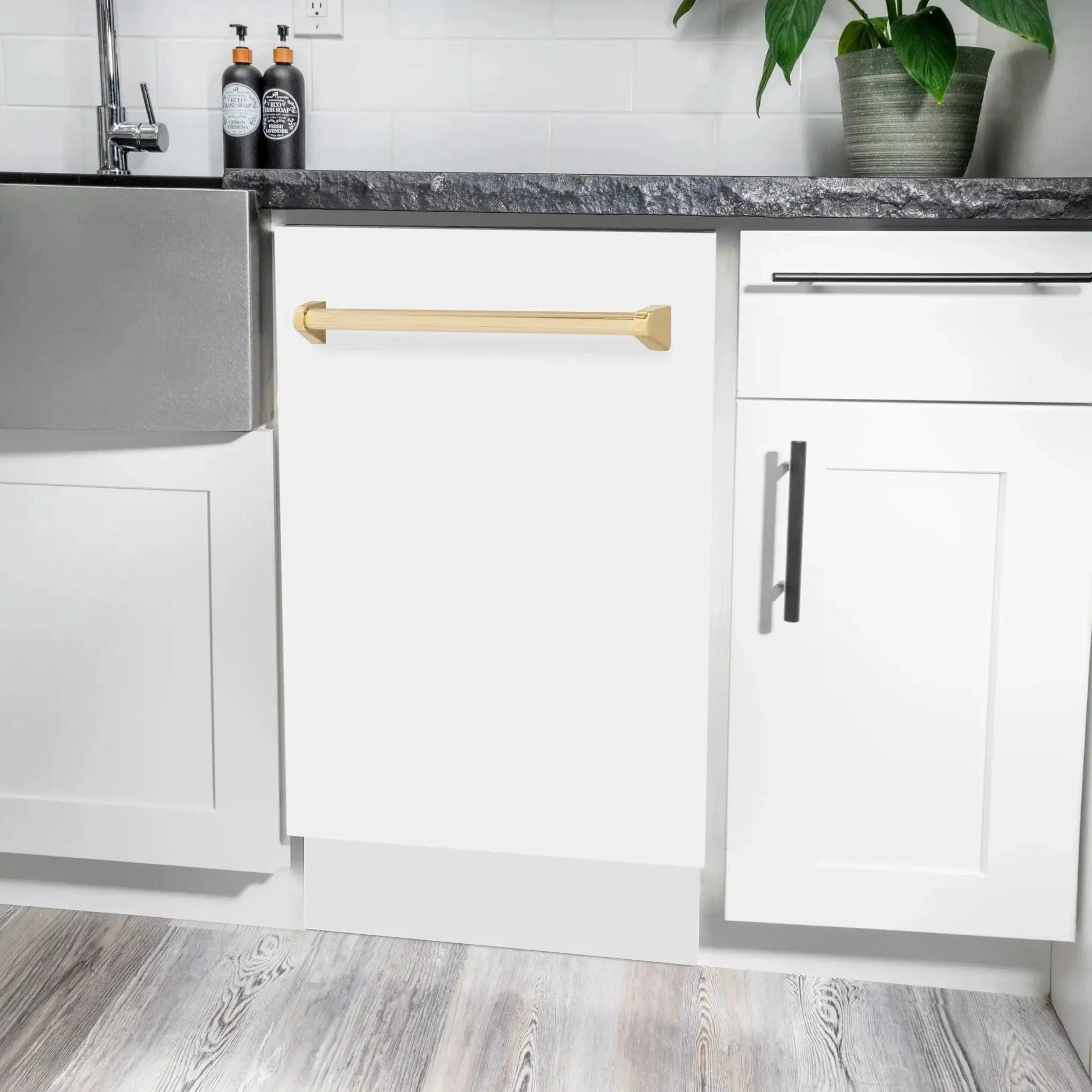 ZLINE 18"Autograph Dishwasher, White door, Gold Handle, DWVZ-WM-18-G by Farmhouse Kitchen and Bath