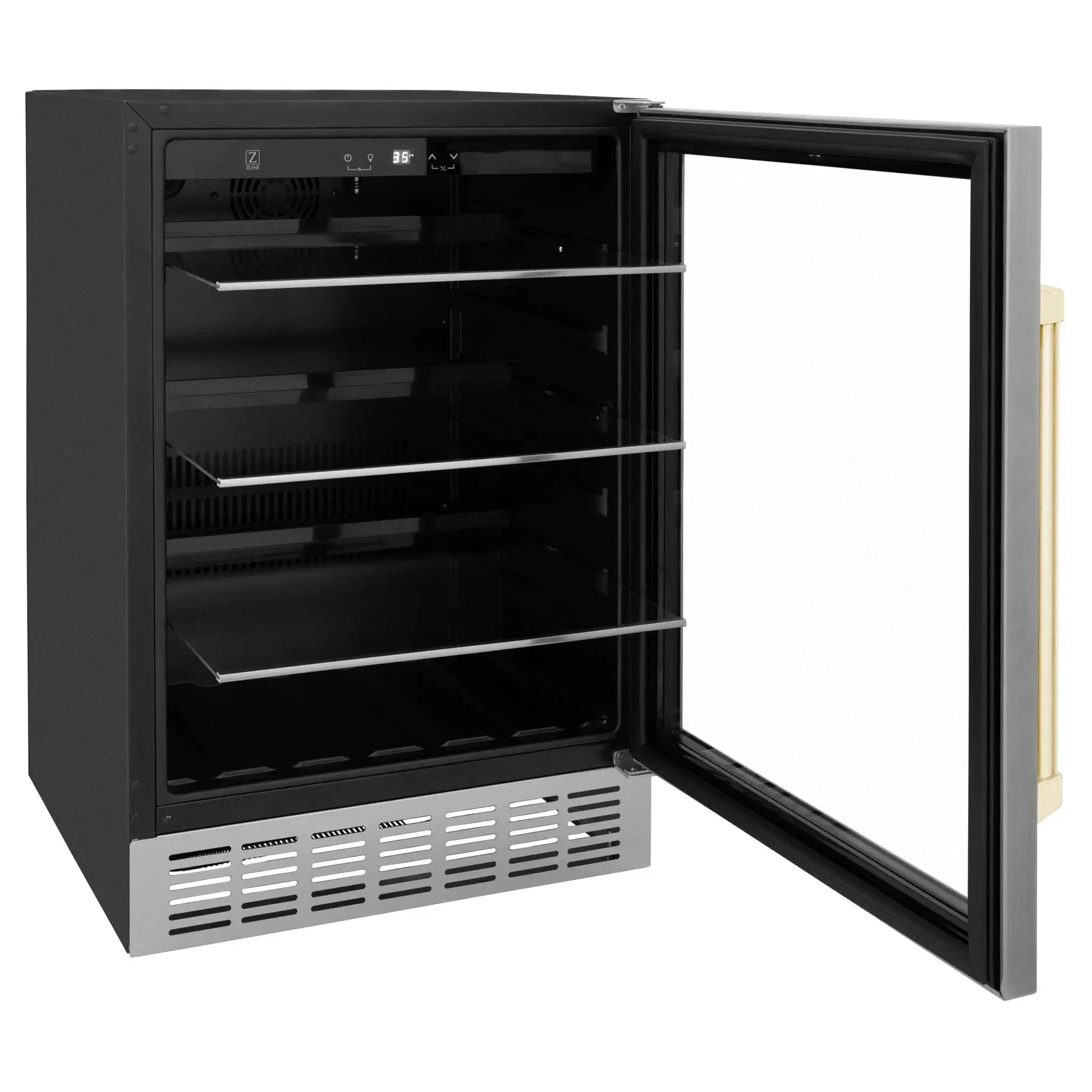 ZLINE 24" Autograph Edition 154 Can Beverage Cooler Fridge with Adjustable Shelves in Stainless Steel with Gold Accents RBVZ-US-24-G by Farmhouse Kitchen and Bath
