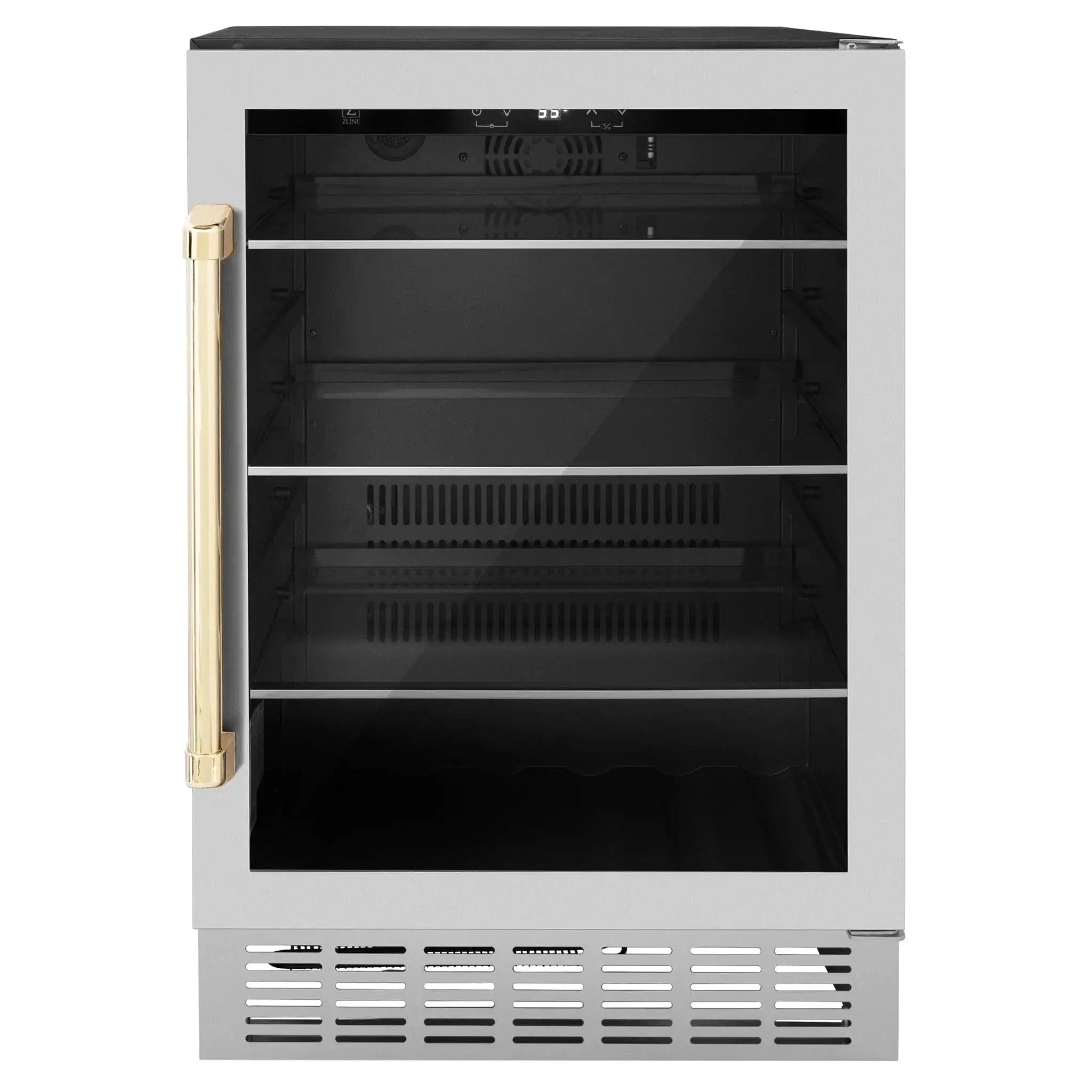 ZLINE 24" Autograph Edition 154 Can Beverage Cooler Fridge with Adjustable Shelves in Stainless Steel with Gold Accents RBVZ-US-24-G by Farmhouse Kitchen and Bath