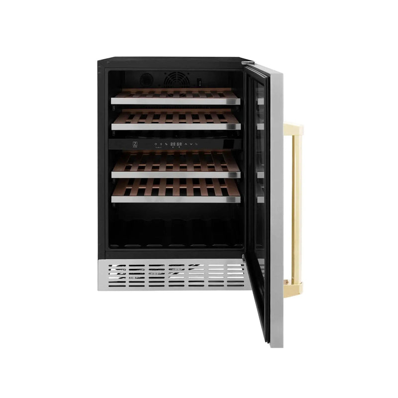ZLINE 24" Autograph Edition Dual Zone 44-Bottle Wine Cooler in Stainless Steel with Wood Shelf and Gold Accents RWVZ-UD-24-G by Farmhouse Kitchen and Bath