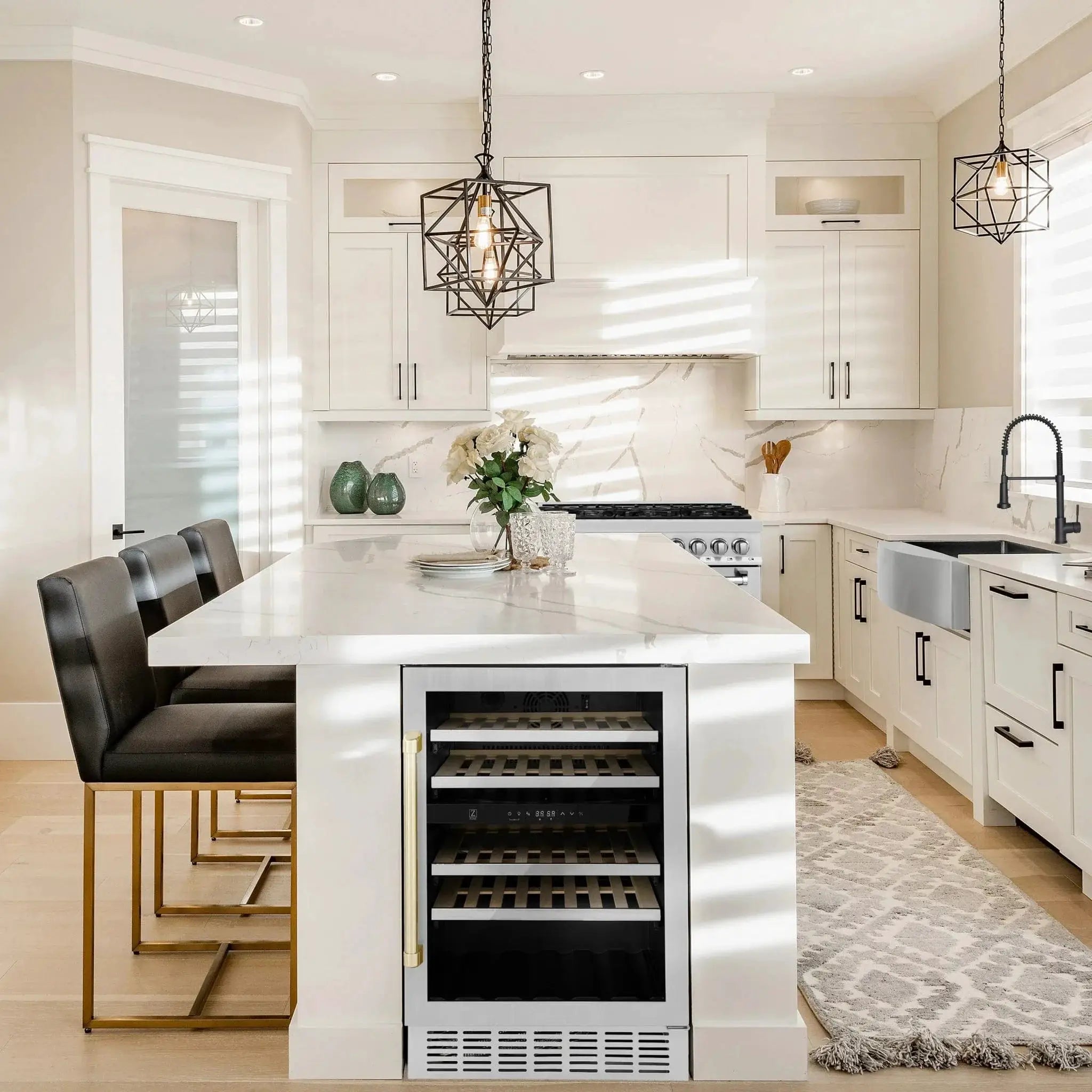 ZLINE 24" Autograph Edition Dual Zone 44-Bottle Wine Cooler in Stainless Steel with Wood Shelf and Gold Accents RWVZ-UD-24-G by Farmhouse Kitchen and Bath