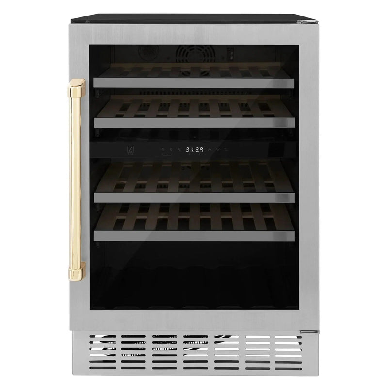 ZLINE 24" Autograph Edition Dual Zone 44-Bottle Wine Cooler in Stainless Steel with Wood Shelf and Gold Accents RWVZ-UD-24-G by Farmhouse Kitchen and Bath