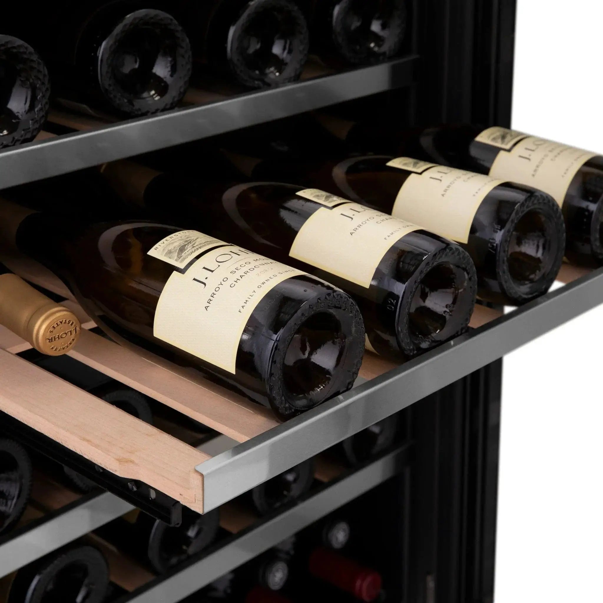 ZLINE 24" Autograph Edition Dual Zone 44-Bottle Wine Cooler in Stainless Steel with Wood Shelf and Gold Accents RWVZ-UD-24-G by Farmhouse Kitchen and Bath