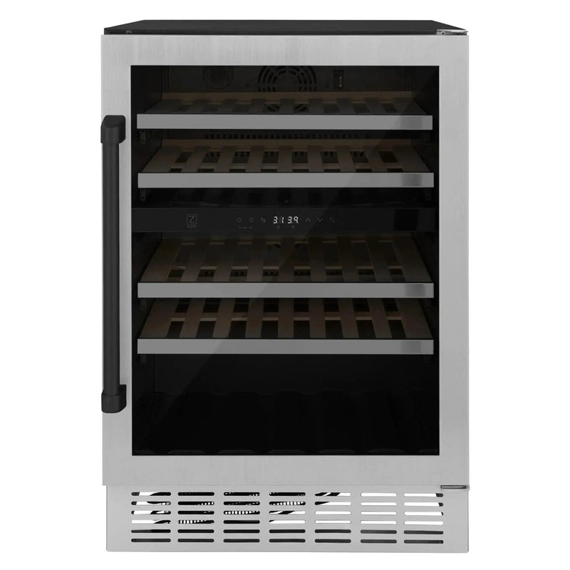 ZLINE 24" Autograph Edition Dual Zone 44-Bottle Wine Cooler in Stainless Steel with Wood Shelf and Gold Accents RWVZ-UD-24-G by Farmhouse Kitchen and Bath