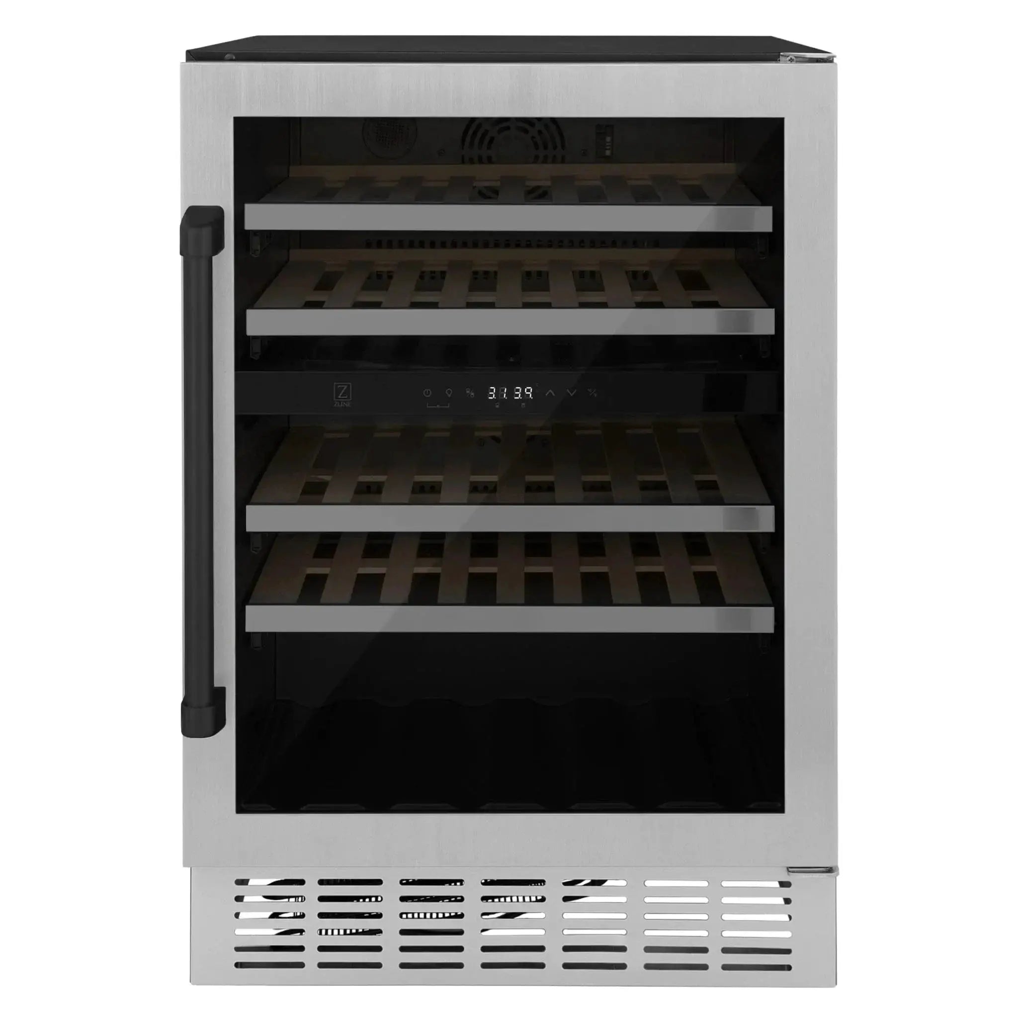 ZLINE 24" Autograph Edition Dual Zone 44-Bottle Wine Cooler in Stainless Steel with Wood Shelf and Matte Black Accents RWVZ-UD-24-MB by Farmhouse Kitchen and Bath