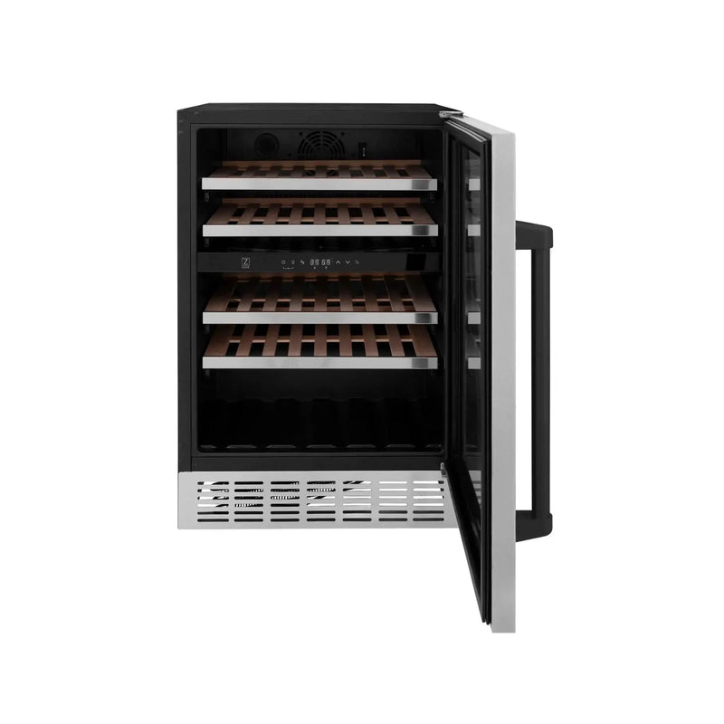 ZLINE 24" Autograph Edition Dual Zone 44-Bottle Wine Cooler in Stainless Steel with Wood Shelf and Matte Black Accents RWVZ-UD-24-MB by Farmhouse Kitchen and Bath