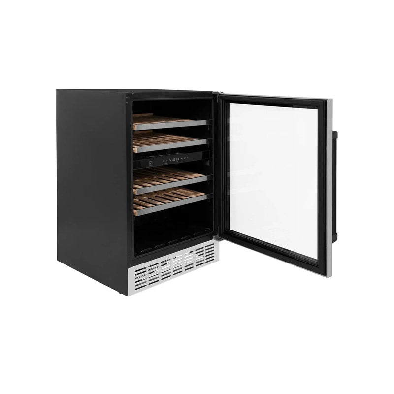 ZLINE 24" Autograph Edition Dual Zone 44-Bottle Wine Cooler in Stainless Steel with Wood Shelf and Matte Black Accents RWVZ-UD-24-MB by Farmhouse Kitchen and Bath
