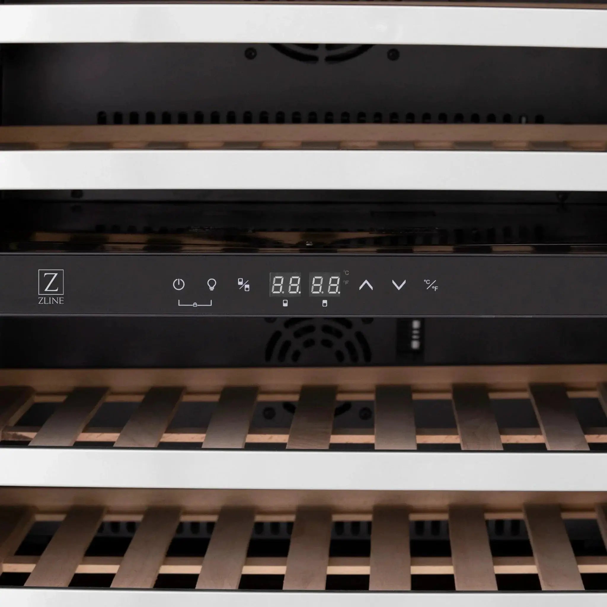 ZLINE 24" Autograph Edition Dual Zone 44-Bottle Wine Cooler in Stainless Steel with Wood Shelf and Matte Black Accents RWVZ-UD-24-MB by Farmhouse Kitchen and Bath